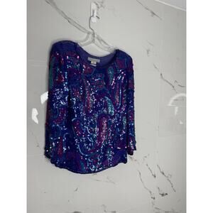 Vintage Long Sleeve Sequin Beaded Top AJ Bari Art-to-wear Silk Paisley 80’s